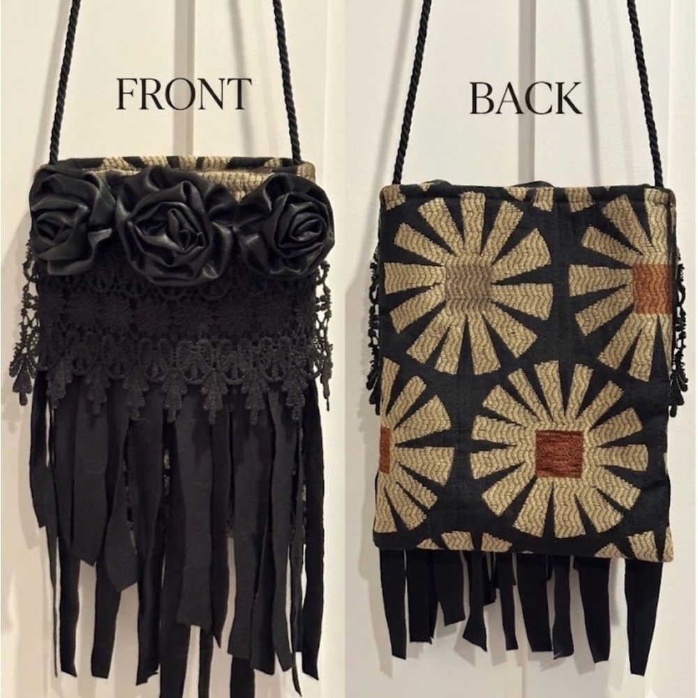Black & Gold Crossbody w/ Rosettes, Lace, Fringe- Excellent condition MUST SEE!